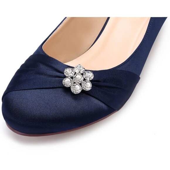 🆕Women's Navy Closed Toe Comfort Kitten Heels Rhinestones Satin Wedding - Picture 5 of 7